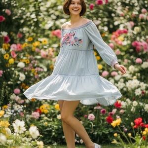 Free People Sunbeams Embroidered Long Sleeve Mini Dress Smocked Neckline